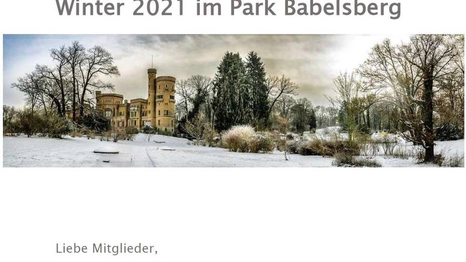 Grußkarte mit einem Foto des verschneiten Parks Babelsberg in Potsdam
