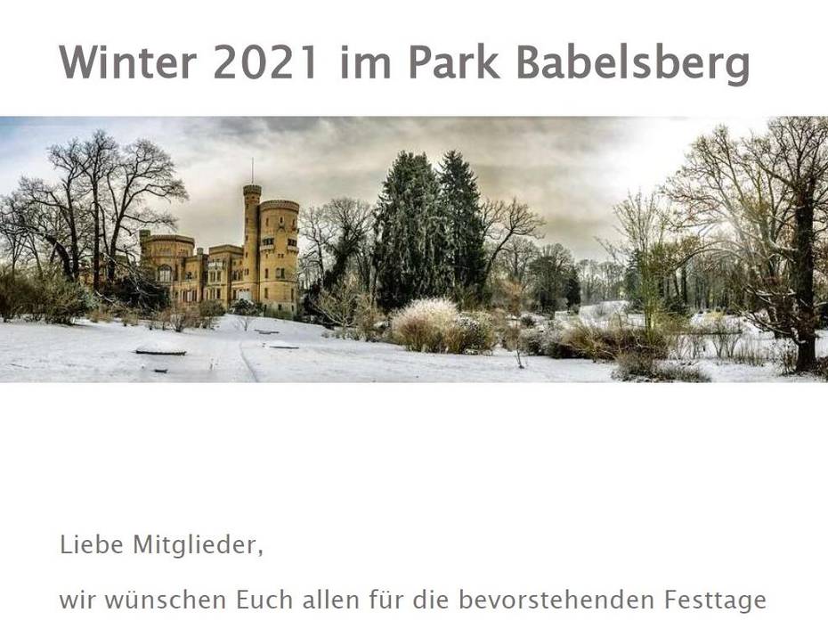 Grußkarte mit einem Foto des verschneiten Parks Babelsberg in Potsdam