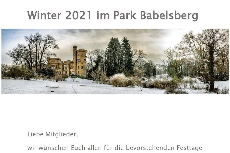 Grußkarte mit einem Foto des verschneiten Parks Babelsberg in Potsdam